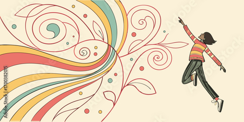 Person jumping with colorful abstract swirl and floral elements