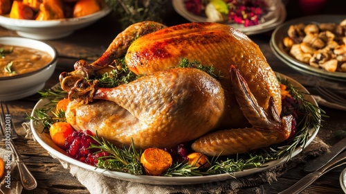 Roasted thanksgiving fowl centerpiece surrounded by holiday side dishes.