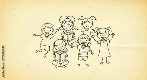 Line drawing of a diverse group of happy cartoon children, some reading books, on a light background, symbolizing education and friendship.
