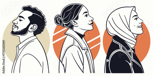 Diverse group of people in profile with circular background elements