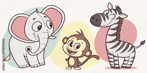 Cute cartoon elephant, monkey, and zebra on pastel background
