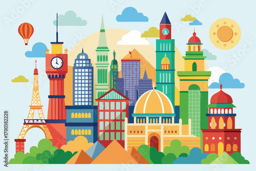 A vibrant, flat design illustration showcasing various iconic landmarks from around the world.