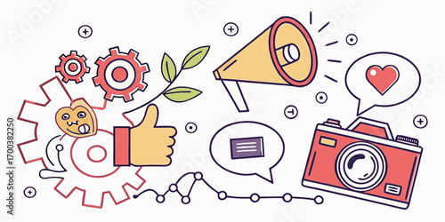 Social media engagement and content creation icons on