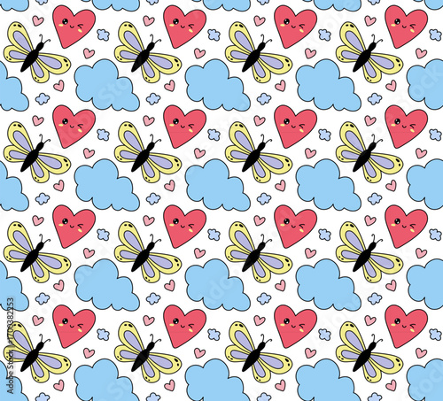 Seamless pattern with hand drawn hearts and butterflies. Doodles. Design for Valentine’s Day, Mother’s Day and Women’s Day. Vector illustration