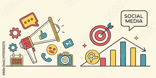Social media marketing concept with megaphone and analytics