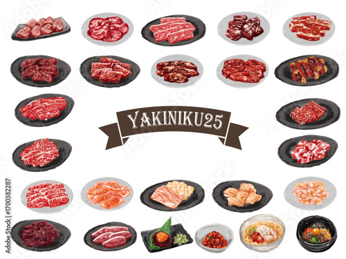 Various cuts of raw meat displayed on dark plates, arranged in a grid, for a yakiniku restaurant menu.