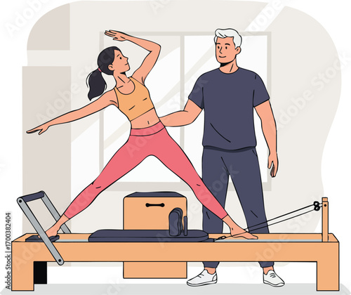Pilates reformer workout with female trainee and male instructor in fitness studio exercise training session