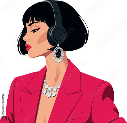 Stylish woman with short black hair wearing red blazer and headphones listening to music vector illustration