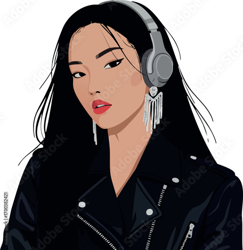 Young woman wearing headphones and black leather jacket listening to music stylish vector illustration
