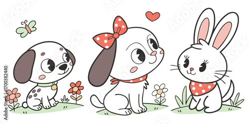Cute cartoon puppies and bunny with flowers and butterfly