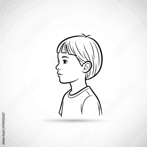 Illustration of a young boy's head and shoulders in profile, black and white.