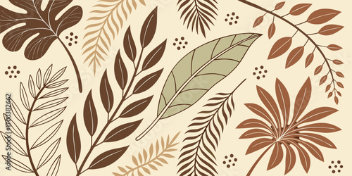 Botanical pattern with various leaves and plants in brown and beige