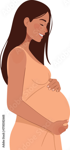 Pregnant woman smiling gently while holding belly in peaceful maternity moment natural skin tones vector illustration