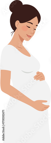 Pregnant woman in white dress holding belly expecting baby motherhood and maternal care concept vector illustration