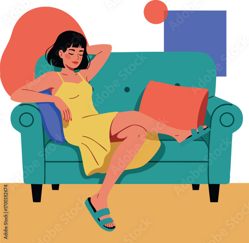 Relaxed woman resting on teal sofa wearing yellow dress and sandals in modern living room vector illustration
