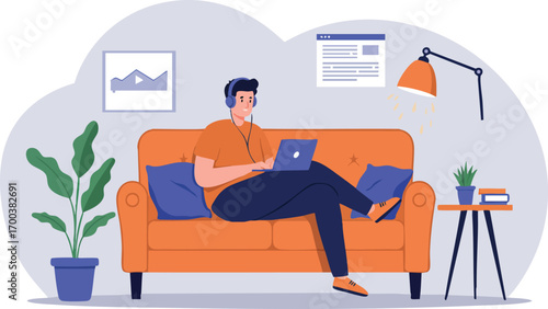 Man Relaxing on Orange Sofa Working with Laptop and Reading Book at Home Interior Scene Vector Illustration