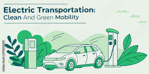 Electric car charging station with text electric transportation clean and green