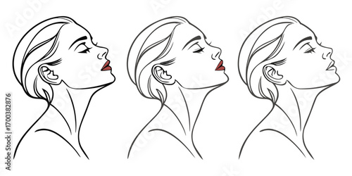 Three stylized female profiles with closed eyes and red lips