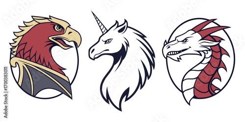 Mythical creatures griffin, unicorn, and dragon heads