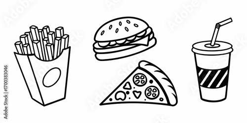 Set of fast food icons burger, fries, pizza, and drink
