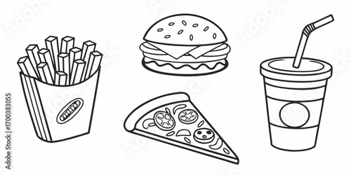 Set of fast food icons burger, fries, pizza, and drink