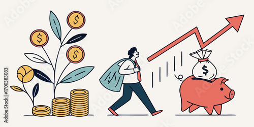 Financial progress and savings concept with man carrying bag