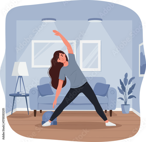 Woman stretching exercise indoors living room fitness routine healthy lifestyle vector illustration