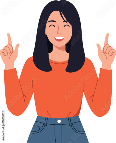 Woman with black hair smiling and pointing up in casual orange sweater and blue jeans vector illustration