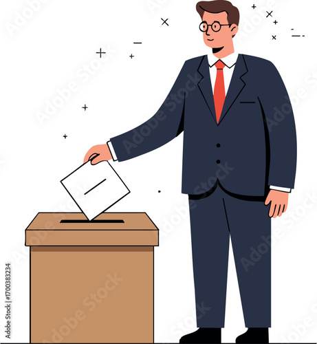 Businessman in suit casting vote in ballot box democratic election participation vector illustration
