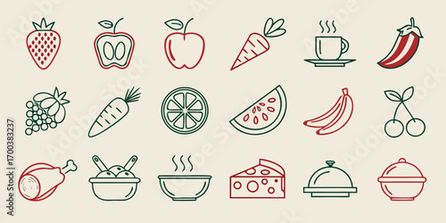 Set of line art food icons in red and green on beige