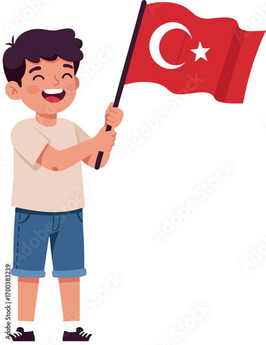 Boy holding Turkish flag smiling happily in casual clothes vector illustration of national pride and youth celebration