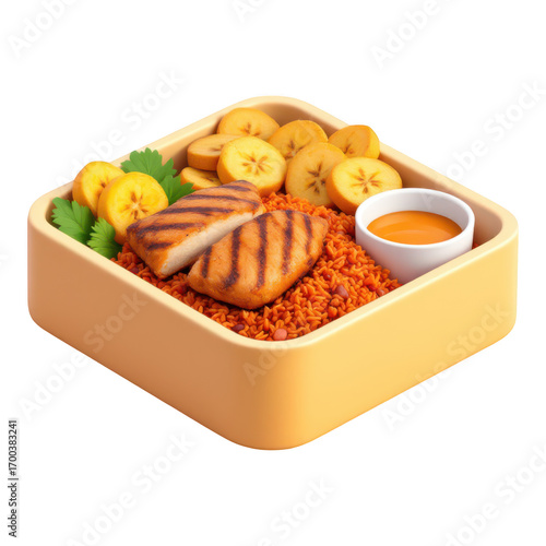 Grilled Chicken and Plantain Bowl with Jollof Rice and Sauce.