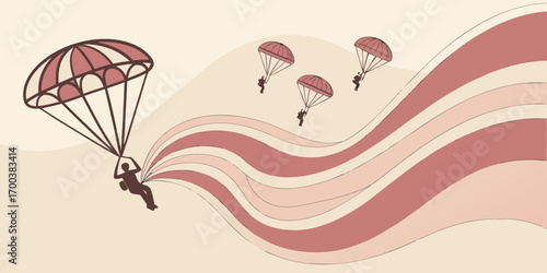 Parachutist jumping from airplane with colorful wavy lines background