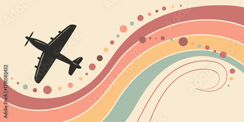 Airplane flying through colorful wavy lines and circles background