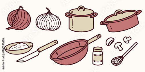 Collection of kitchen utensils and ingredients
