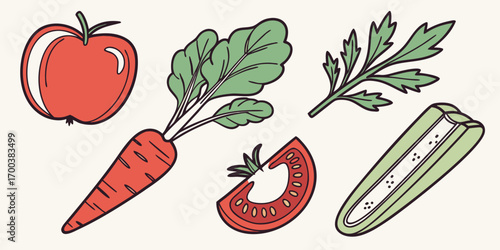 Fresh produce including apple, carrot, tomato, and celery