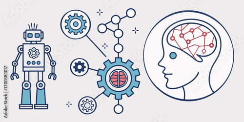 Robot and artificial intelligence concept with gears and brain