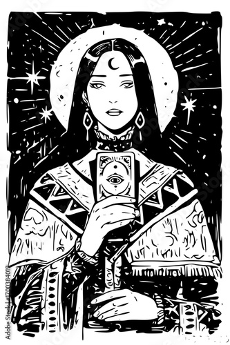Fortune teller with tarot card and moon symbol