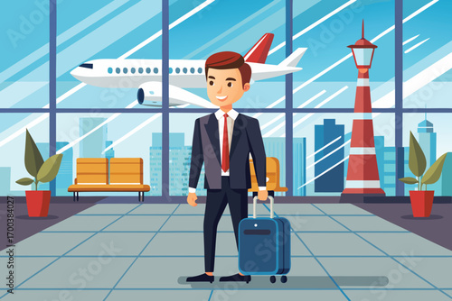 A cheerful businessman in a suit, holding a suitcase, stands in a modern airport terminal.