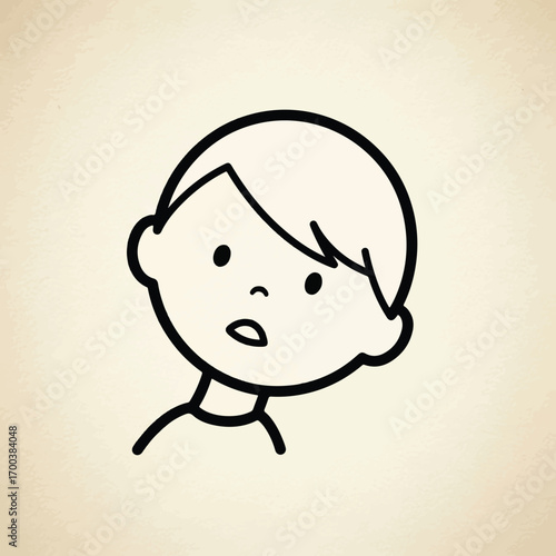 A simple black line art illustration of a young boy's head, depicted with a worried or confused facial expression on a textured background.