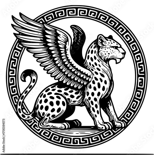 Mythical winged leopard creature in circle