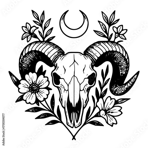 Ram skull with crescent moon and flowers