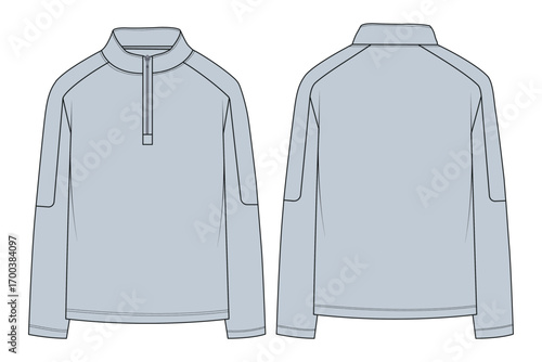 Athletic Quarter Zip Pullover Technical Fashion Illustration. Long Sleeve Half-Zip Top Design Template. 
Casual Mock Neck Quarter-Zip Sweatshirt Flat Sketch.
Performance Activewear Quarter Zip Jacket.