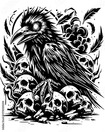 Dark raven perched on a pile of skulls, gothic art