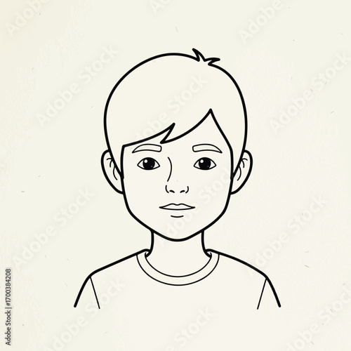 Simple line art drawing of a young boy's face and upper body, front view, in a clean cartoon style.