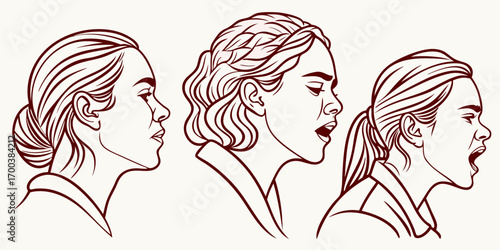 Three woman profile illustration showing different emotion