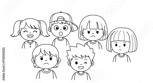Black and white illustration of a group of children with various facial expressions.