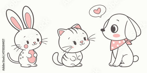 Cute cartoon bunny, cat, and dog friends