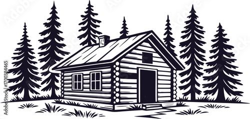 Rustic log cabin nestled among tall pine trees in a forest