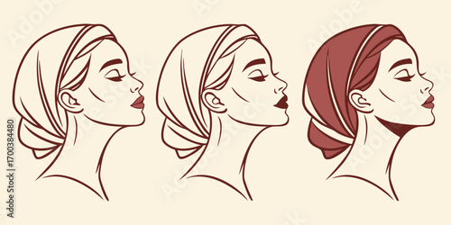 Three profile illustrations of a woman wearing a headscarf, one in color